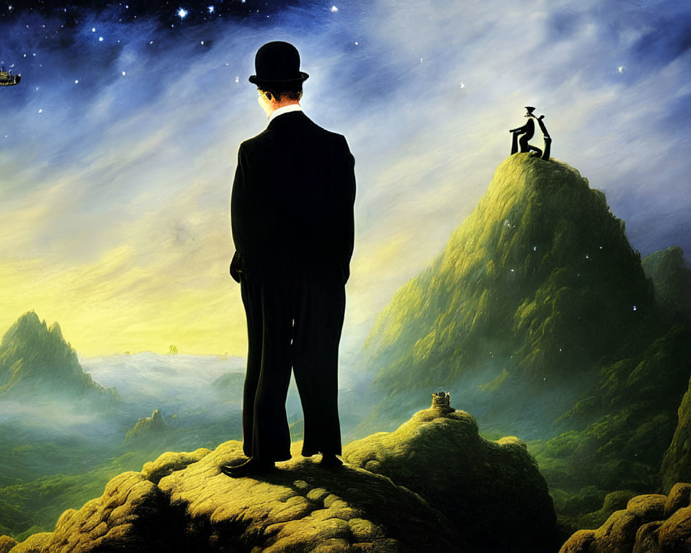 Man in suit on verdant hill gazes at surreal mountains under starry sky with floating ship.