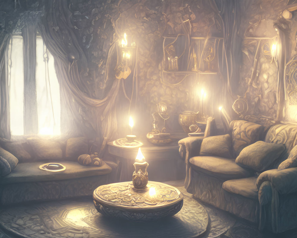 Enchanting cozy room with soft sofas, candles, ornaments, and warm ambiance