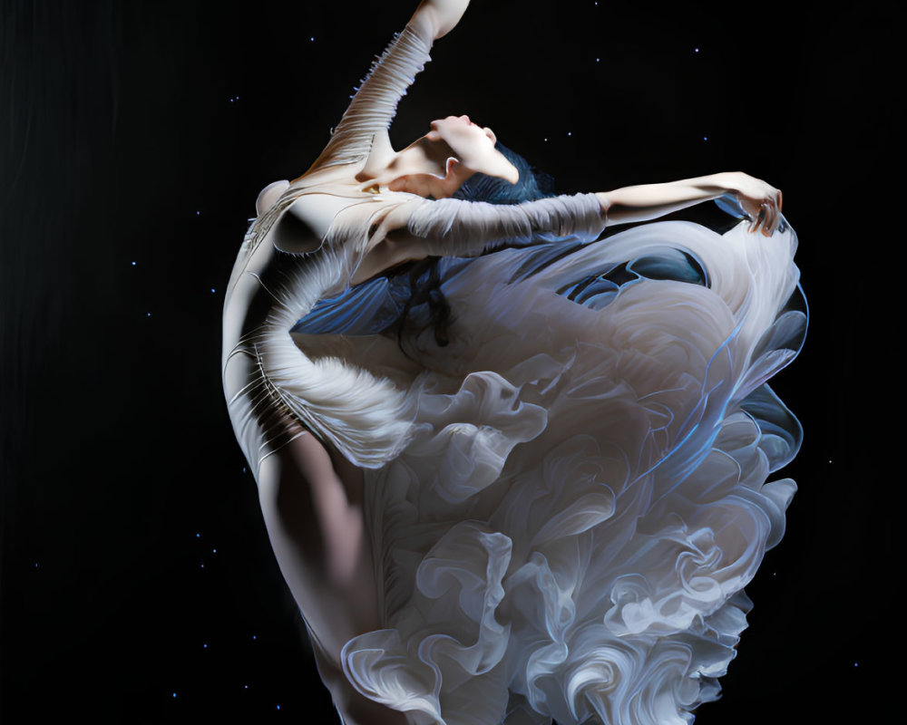 Elegant ballerina in swirling white dress against dark backdrop