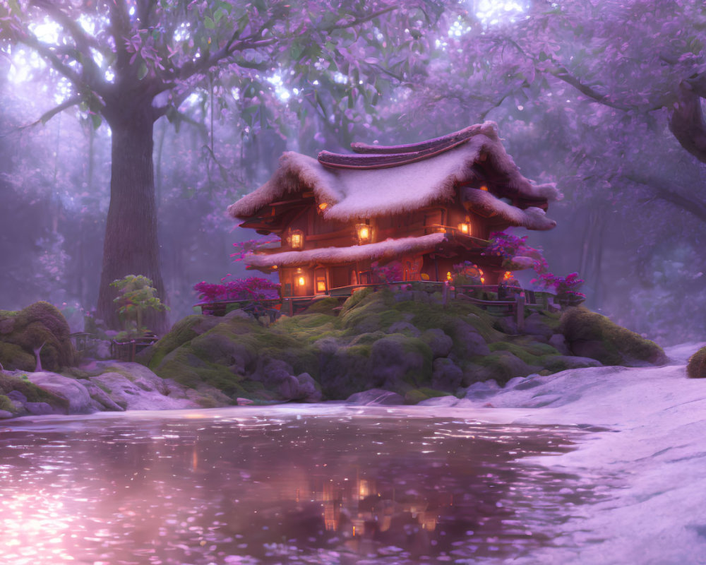 Traditional Thatched Cottage Amid Cherry Blossoms at Twilight