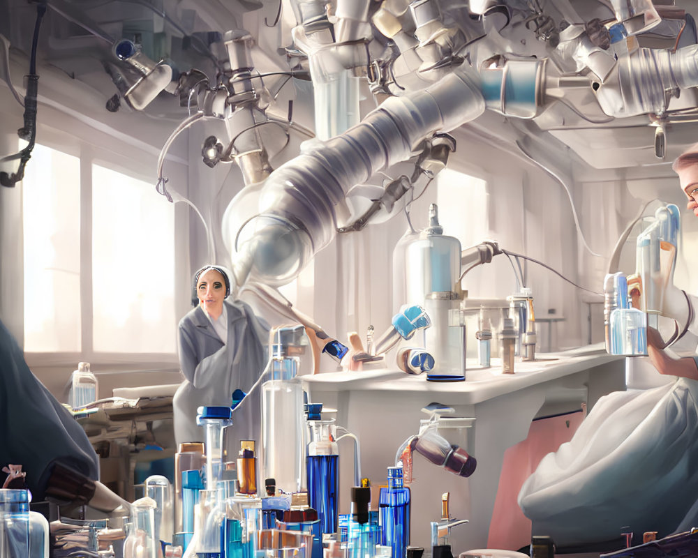 Futuristic laboratory scene with two individuals conducting scientific research