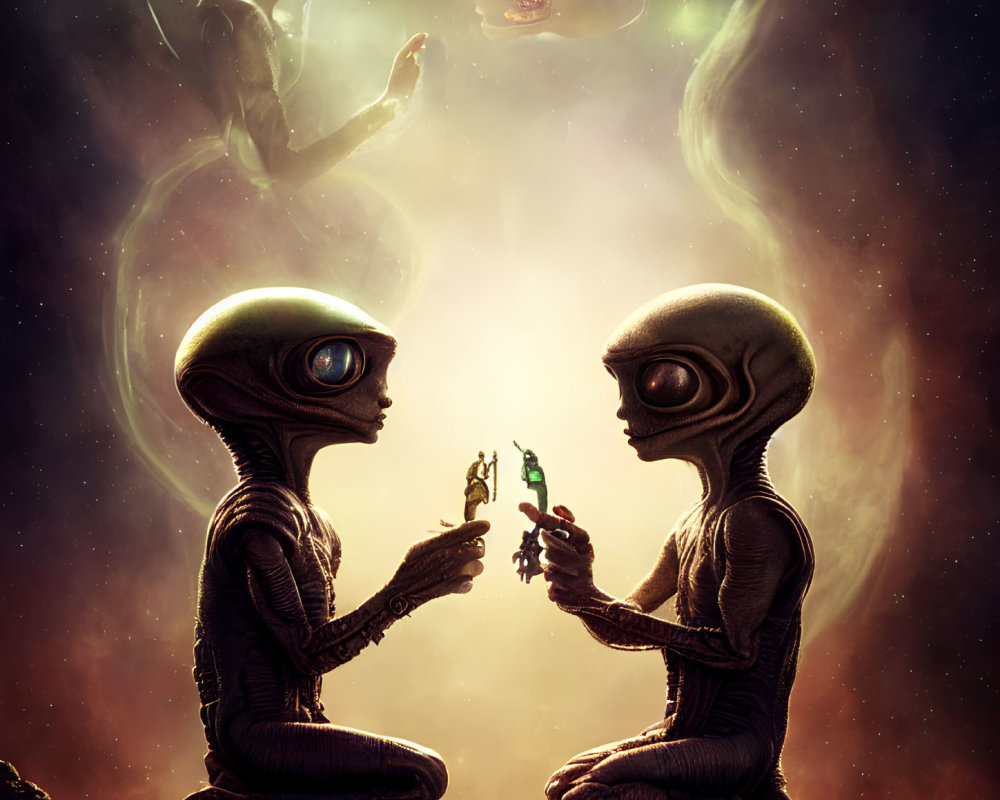 Aliens with plant, space clouds, and spacecrafts in background