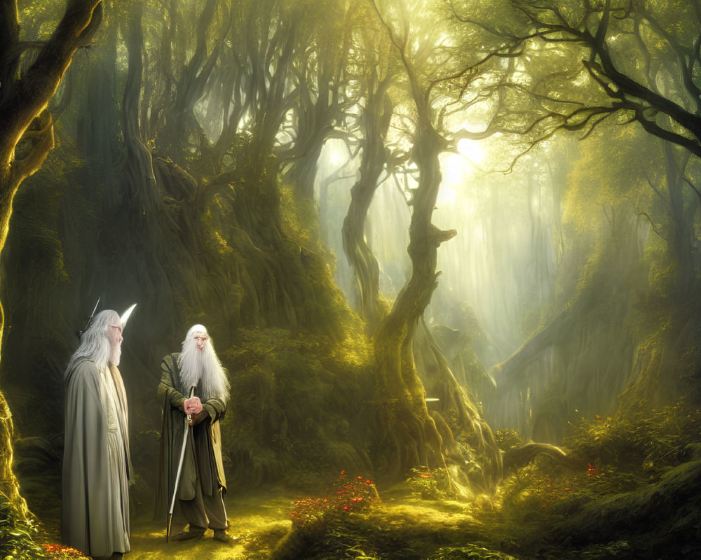 Enchanted sunlit forest scene with two wizards in white robes