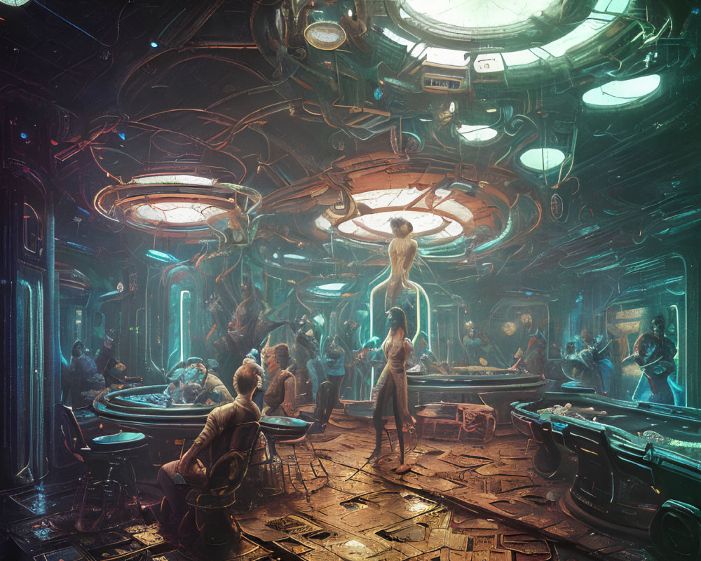 Futuristic bar scene with patrons, central figure levitating, neon lights, and advanced tech