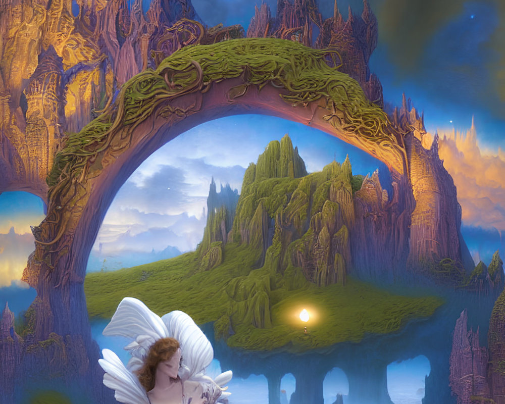 Fantastical angelic figure under arch with mystical castle and ethereal landscapes