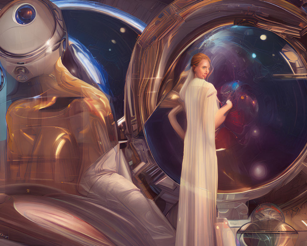 Futuristic scene: Woman in white dress with robot in reflective corridor.