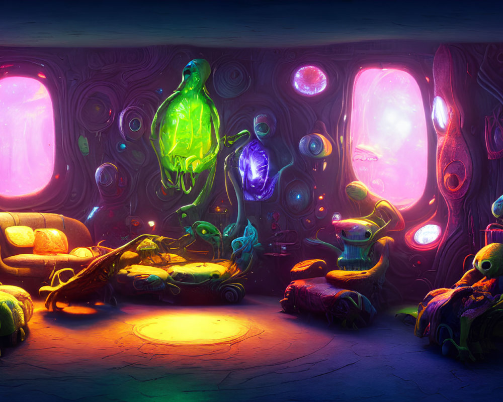 Colorful Alien Spaceship Interior with Glowing Furnishings