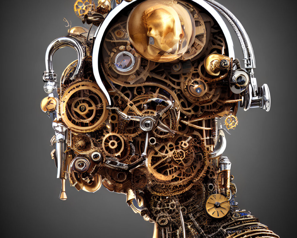 Intricate steampunk-style robotic head with golden skull and gears