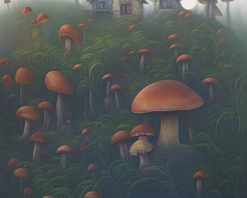 Enchanted forest with oversized mushrooms and quaint houses in foggy ambiance