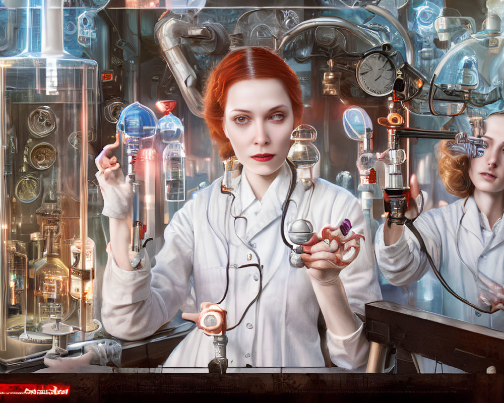 Two Women in White Lab Coats Examining Futuristic Scientific Apparatus