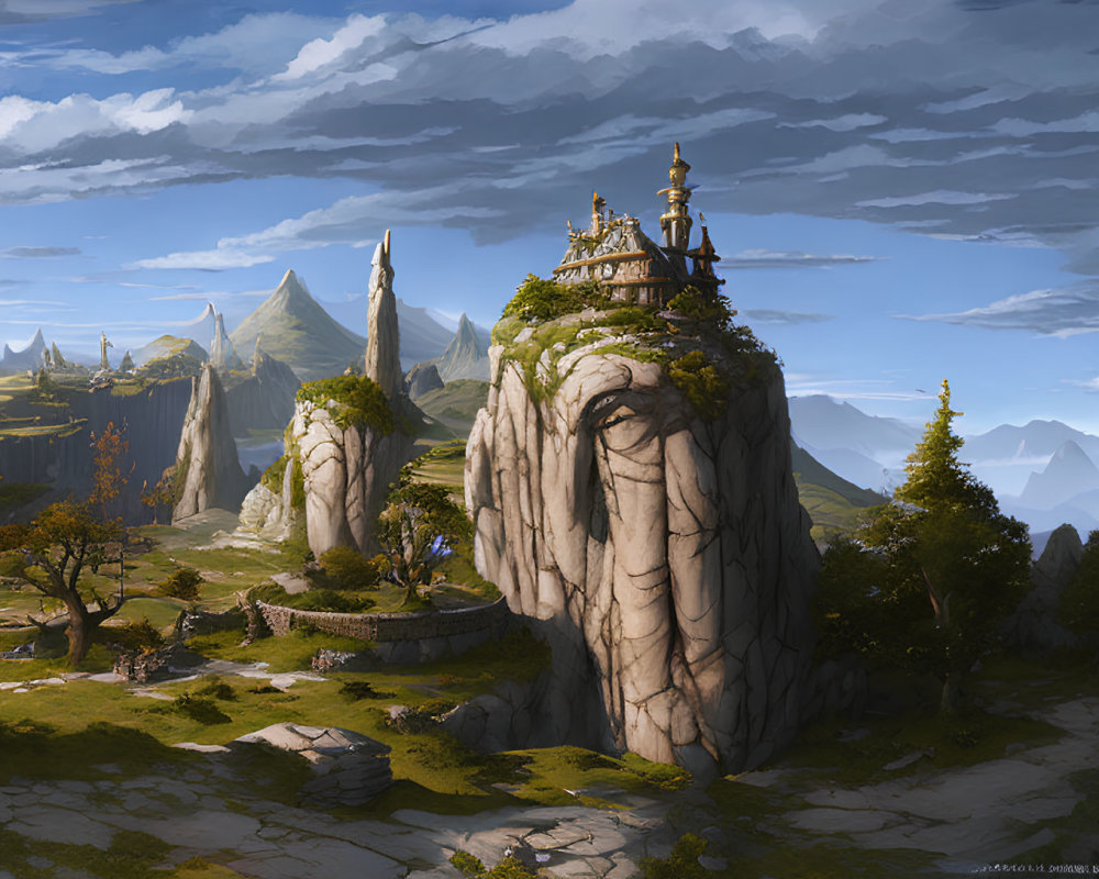 Fantasy landscape with towering rock pillars and ornate structures under blue sky