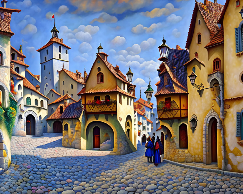 Vibrant surreal artwork: cobblestone street, whimsical buildings, couple walking