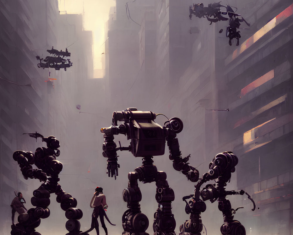 Futuristic cityscape with mist, towering buildings, person, robots, and drones