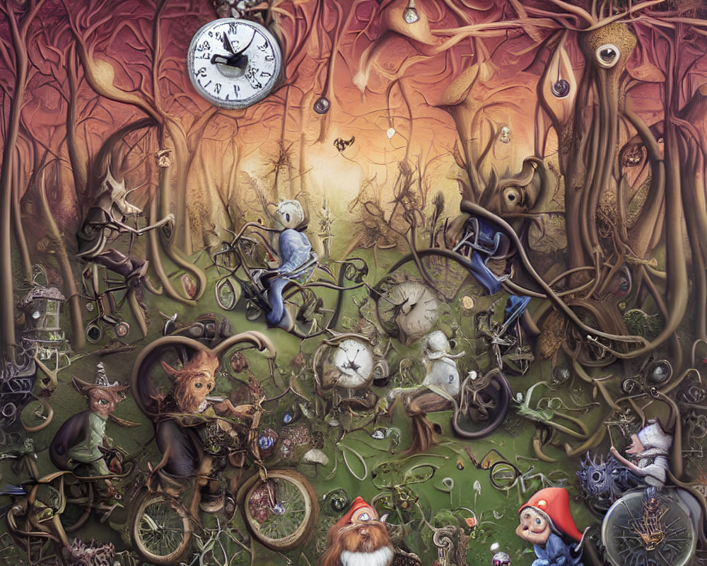 Whimsical surreal artwork: anthropomorphic animals, floating clocks, mystical forest