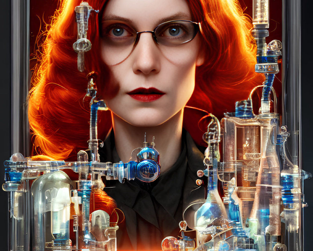 Woman with Red Hair and Glasses in Glass Lab Equipment Scene