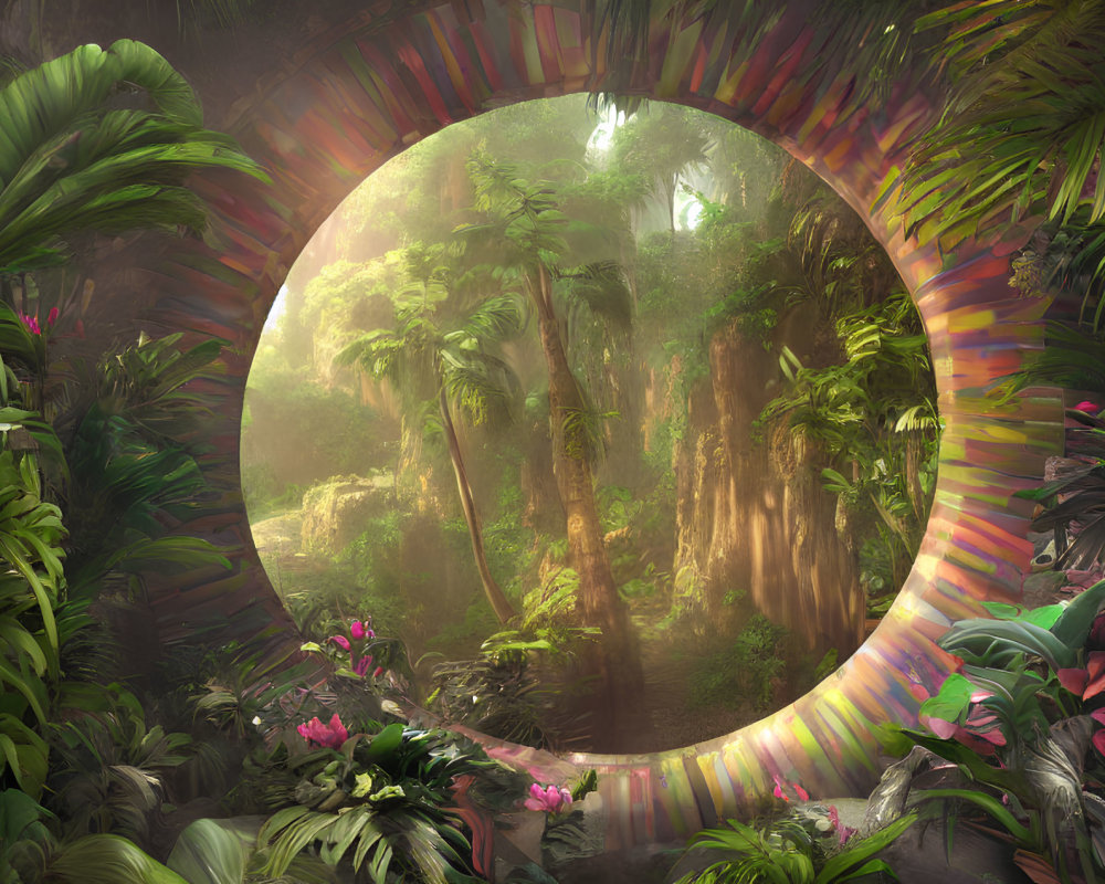 Vibrant circular portal to misty jungle with lush foliage