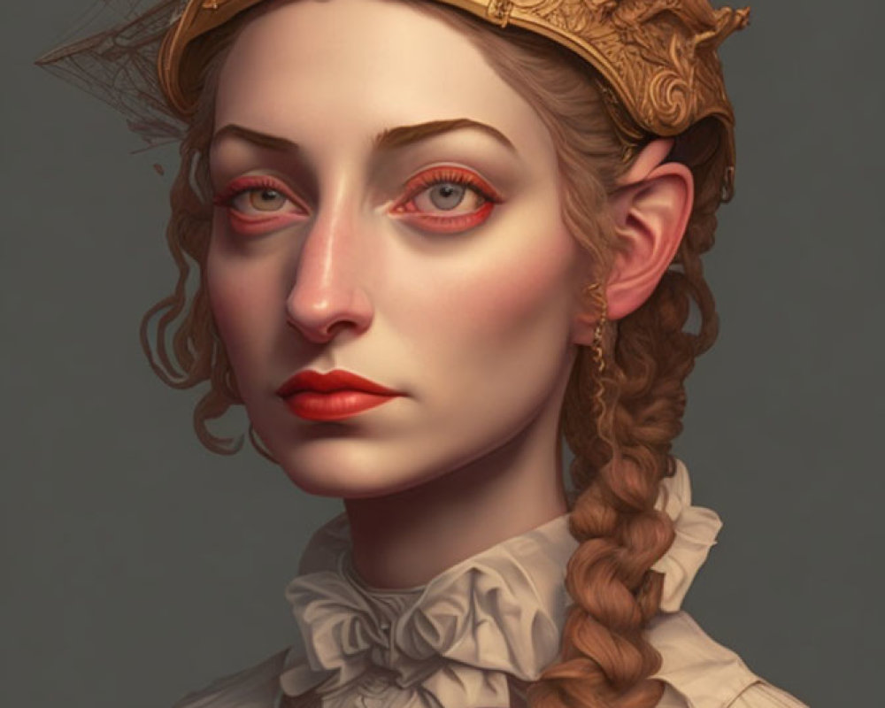 Digital portrait of a woman with braided hair, golden crown, red stones, ruffled collar,