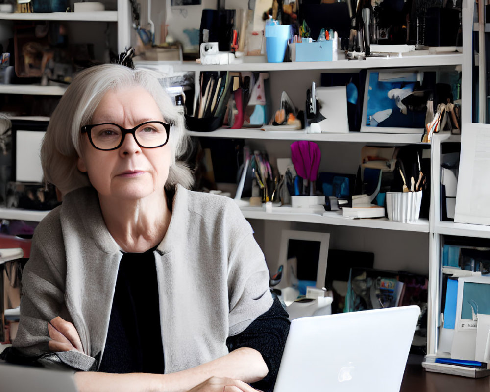 Silver-haired woman with glasses at desk surrounded by books & office supplies