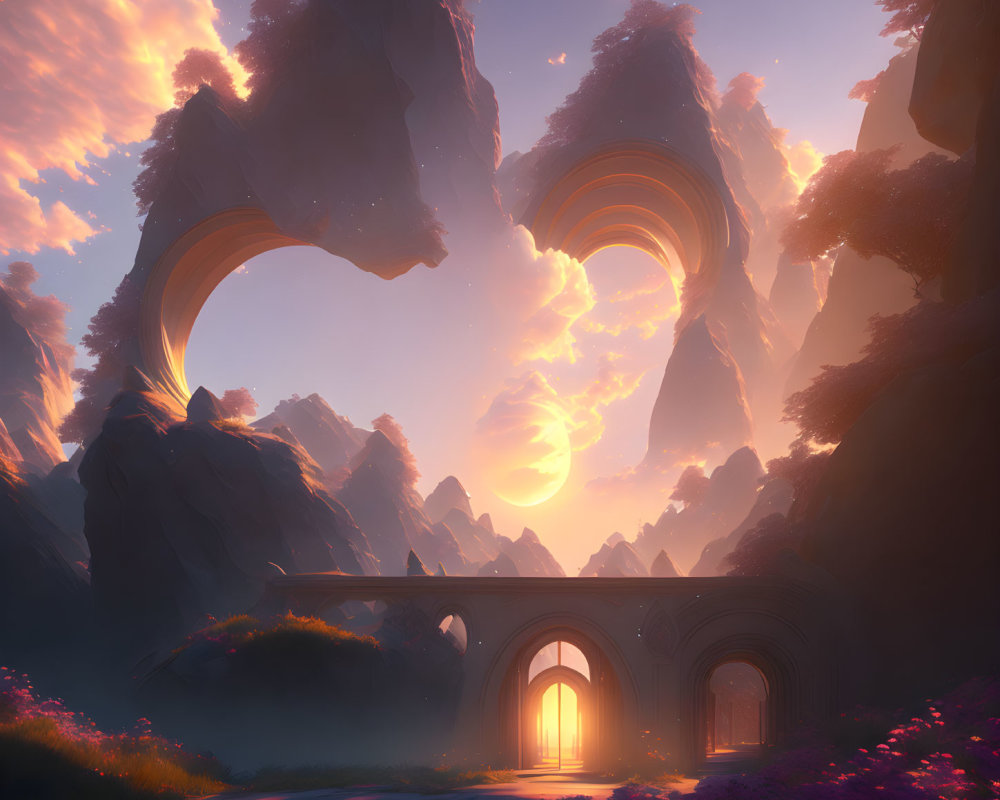 Majestic rock formations under warm sunset sky with glowing gateway