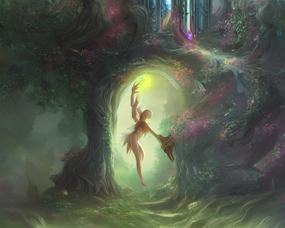 Enchanted forest illustration with fairy and magical tree door