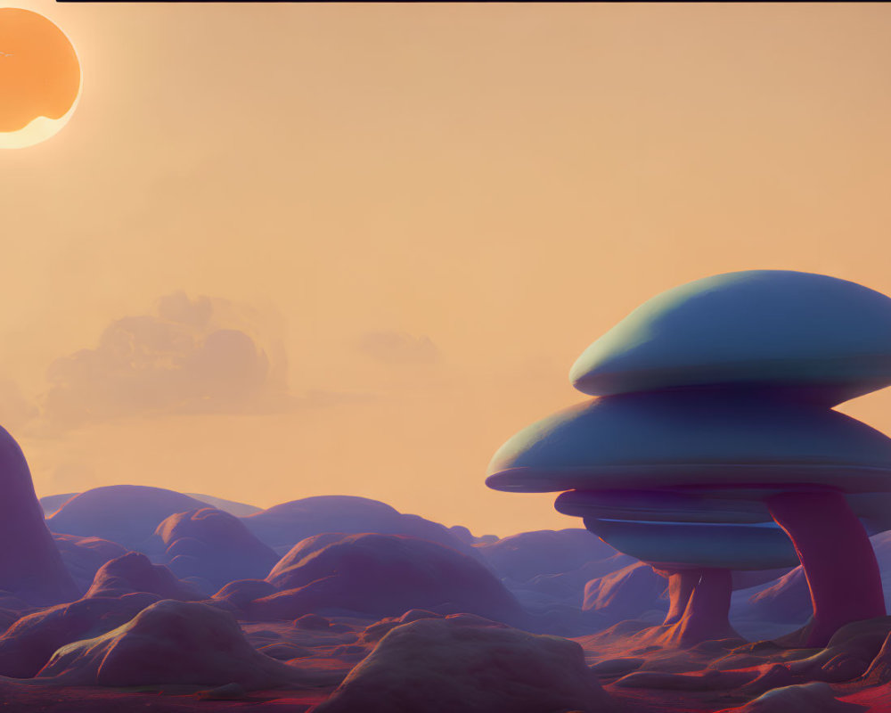 Whimsical landscape with mushroom-like structures under warm glowing sky