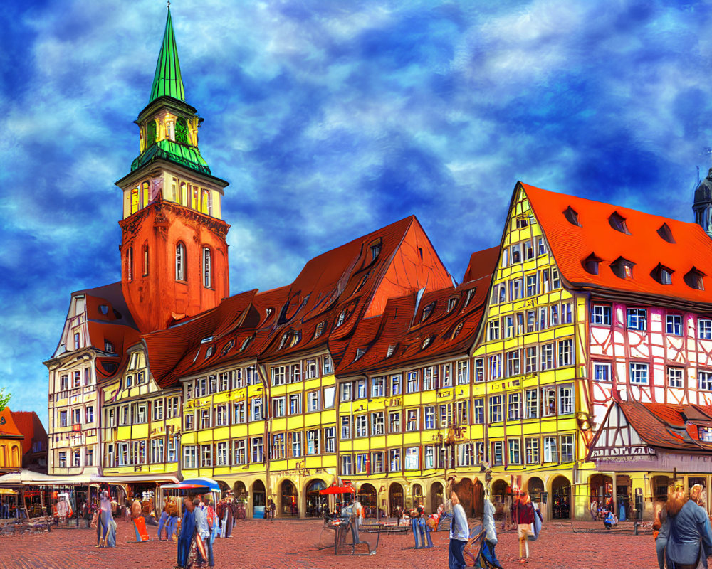 Vibrant Market Square with Colorful Half-Timbered Buildings