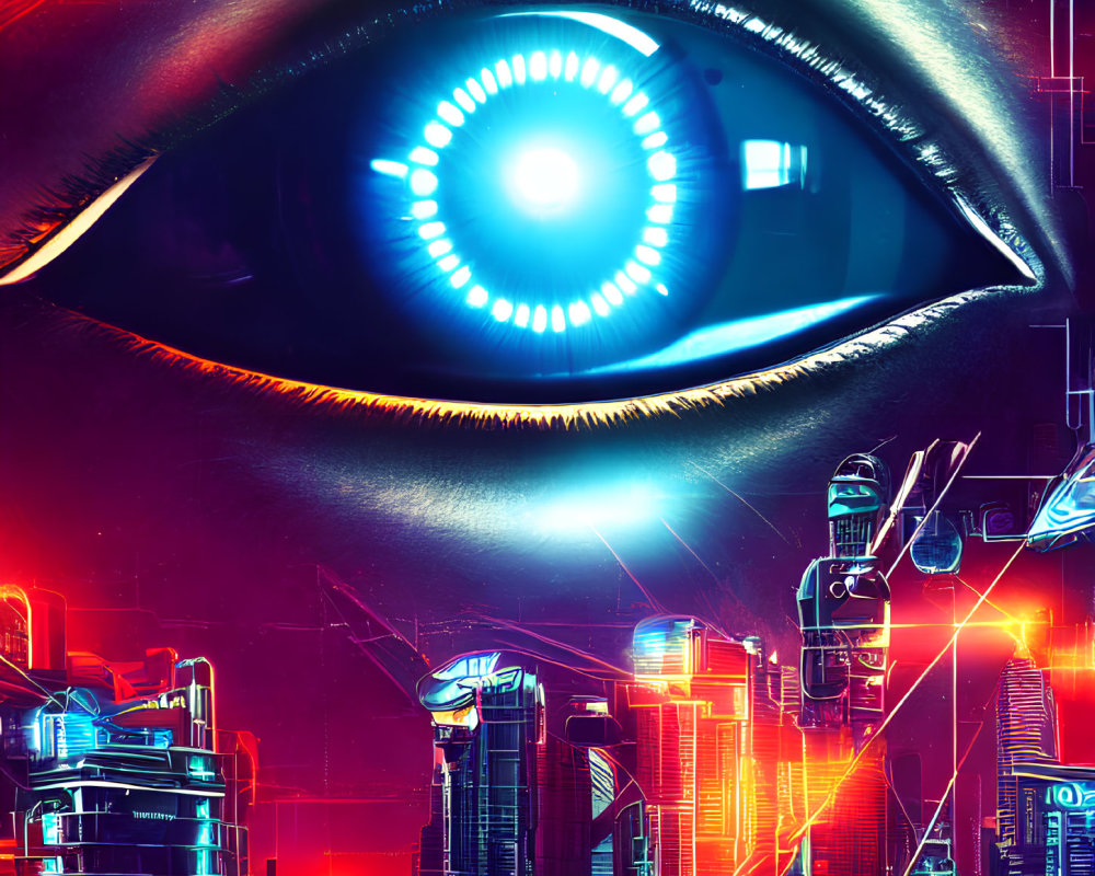 Futuristic cityscape reflected in cybernetic eye with blue patterns