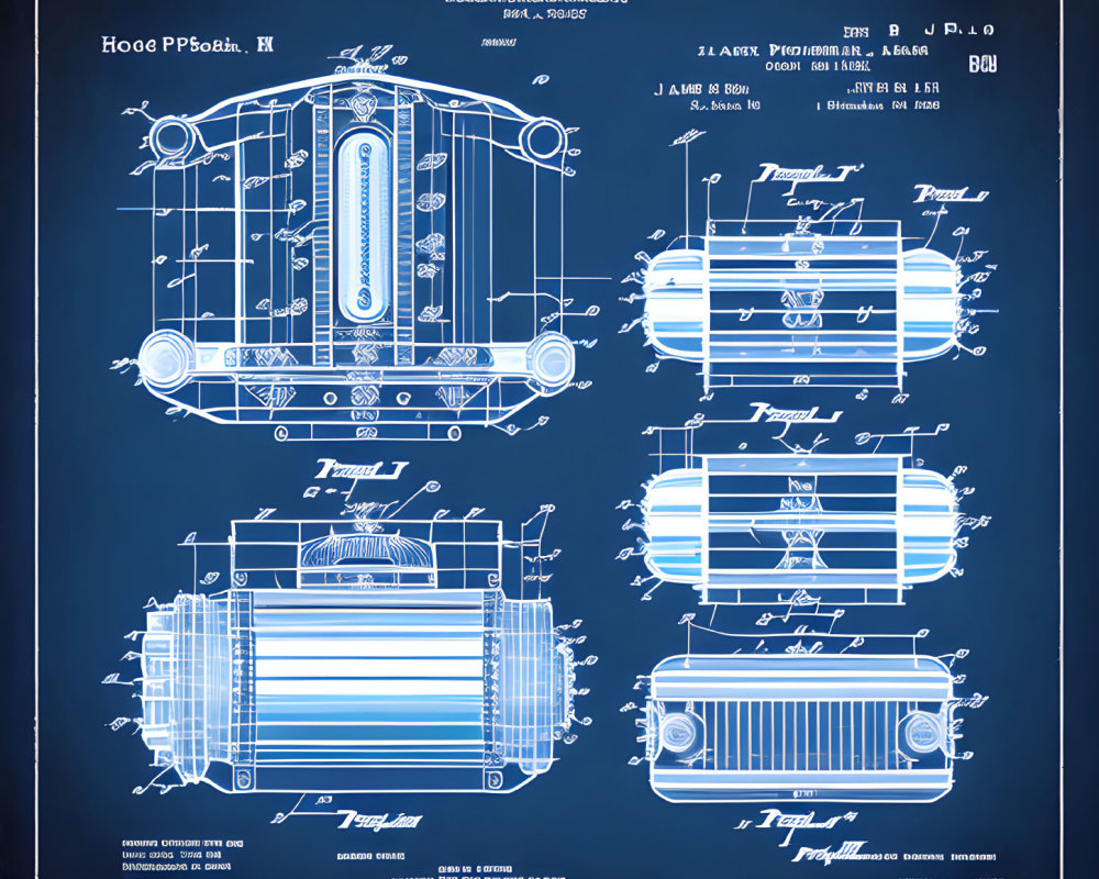 Detailed Vintage Cartoon Bus Blueprints with Annotations