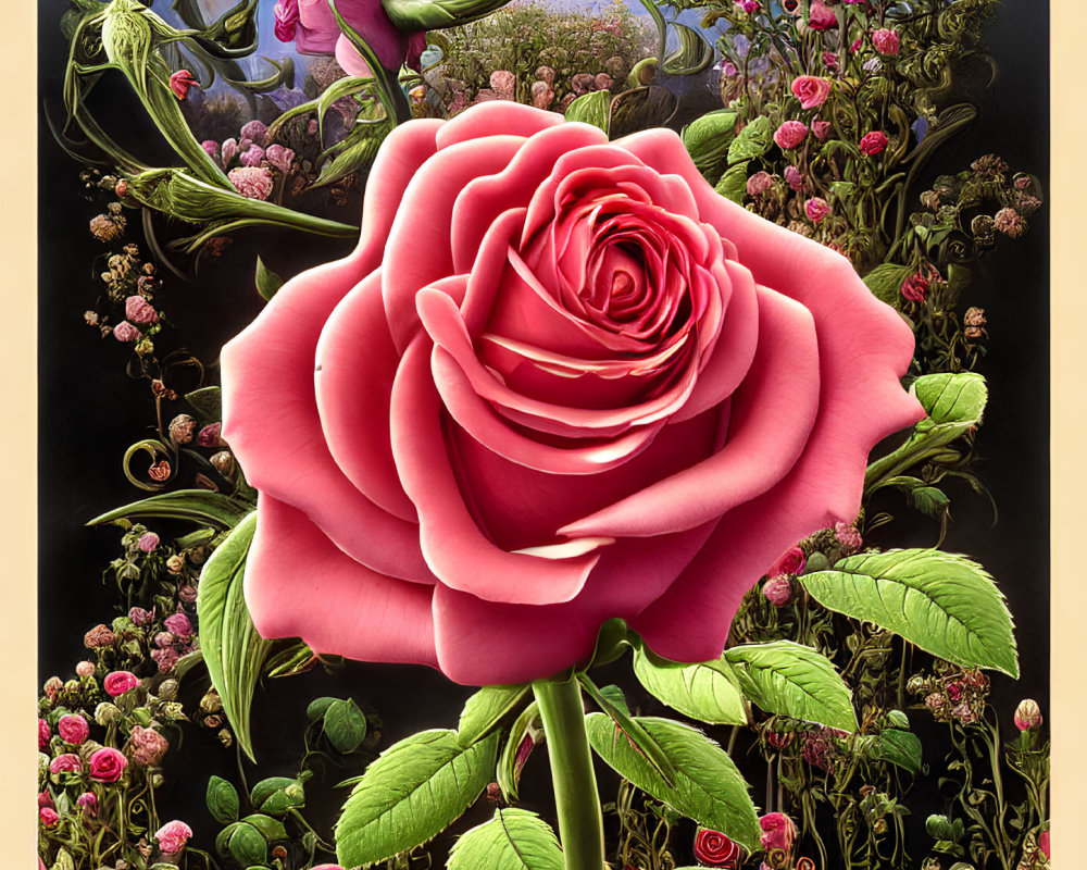 Detailed Digital Artwork: Vibrant Pink Rose Centerpiece surrounded by Flowers in Surreal Sky