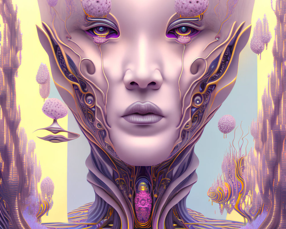 Intricate surreal portrait with futuristic alien design and purple-gold details