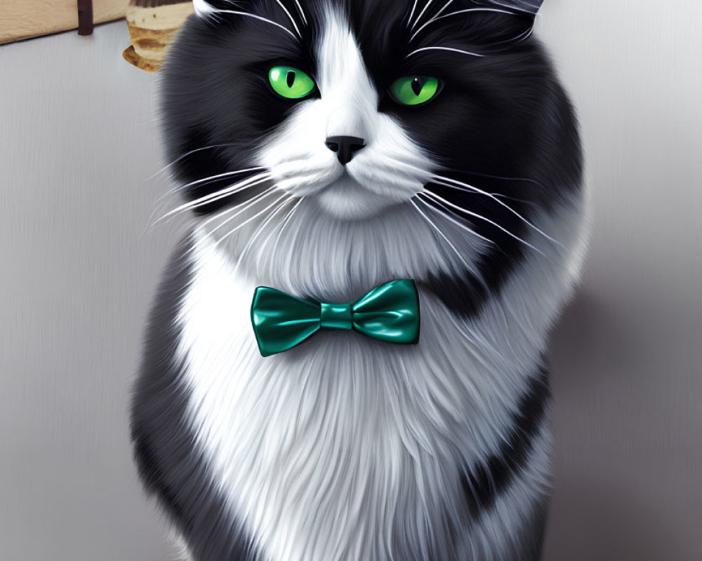 Black and white cat with green eyes wearing teal bow tie surrounded by pottery and art supplies