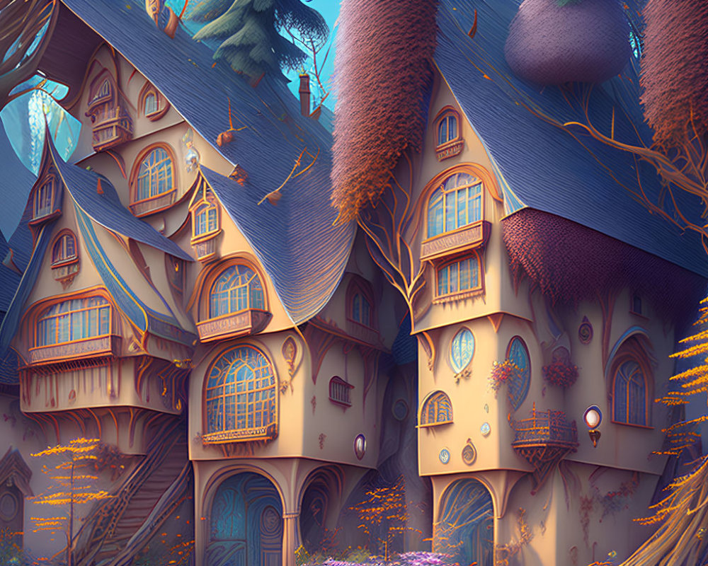 Fantasy house with turrets in magical forest in purple and blue hues