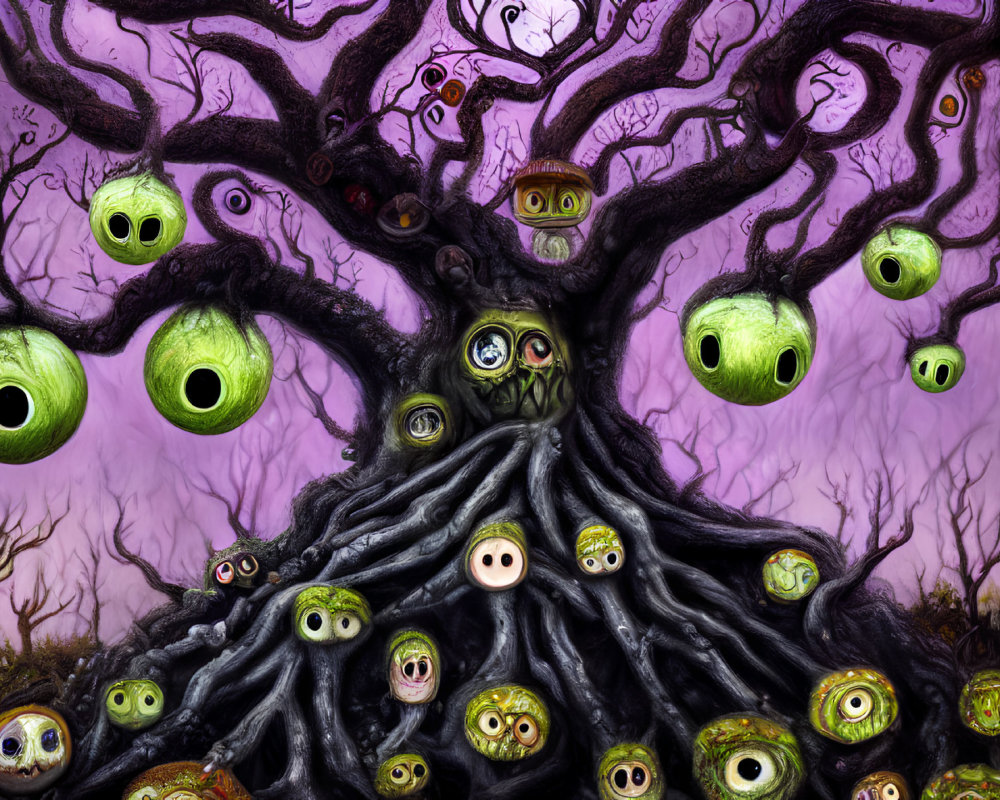 Whimsical fantasy illustration of tree with eye-shaped orbs and houses on purple backdrop