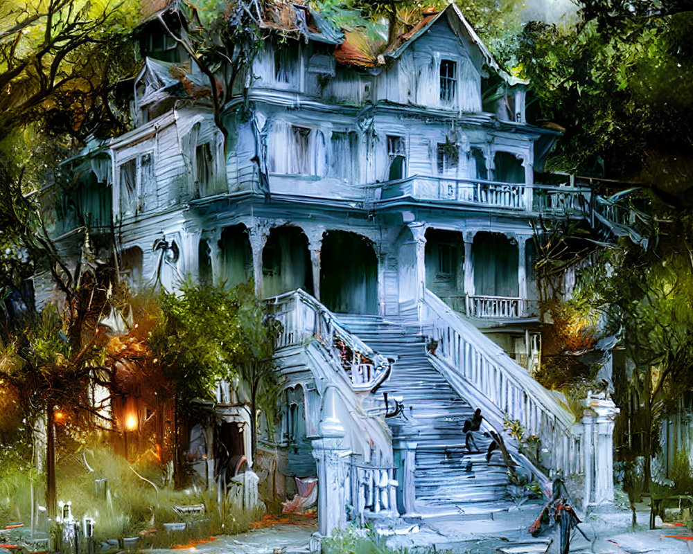 Spooky Victorian mansion with grand staircase and eerie ambiance