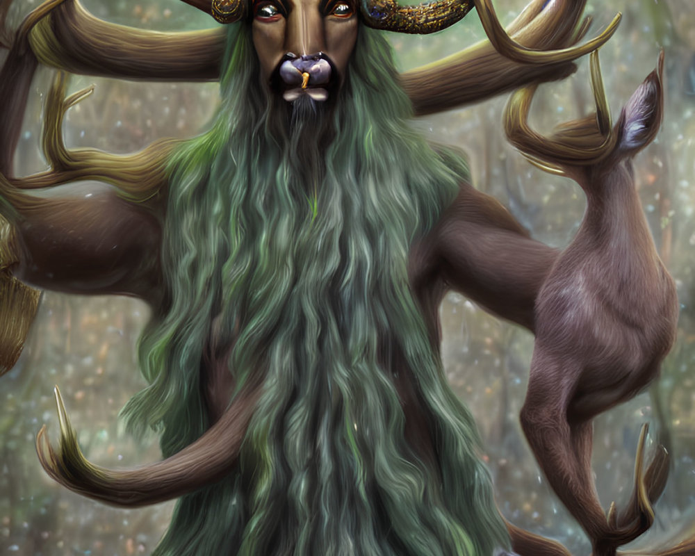 Enchanted forest creature with antlers and gold details among deer