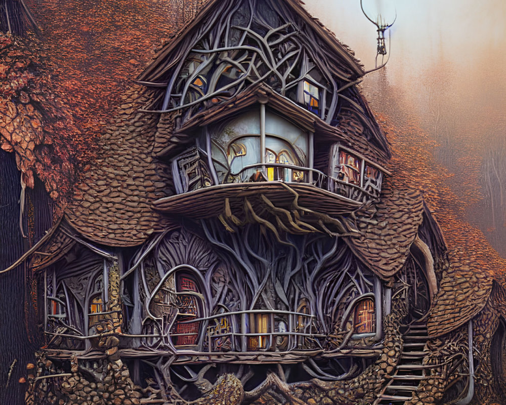 Artistic multi-story treehouse in autumn forest with foggy background