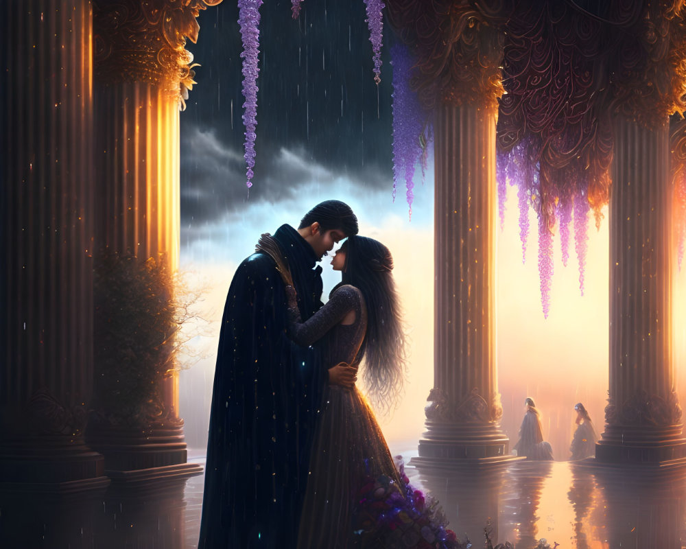 Couple Embracing in Romantic Scene with Ornate Pillars and Purple Florals