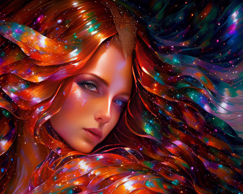 Colorful digital artwork: Woman with flowing cosmic hair on dark background