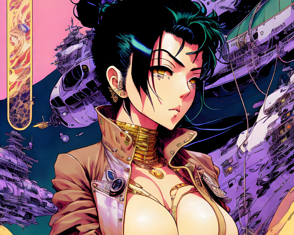 Character with dark hair in buns in high-collared jacket in futuristic cityscape