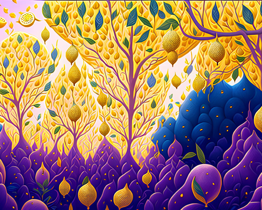 Colorful Lemon Grove Illustration with Yellow Trees and Purple Hills