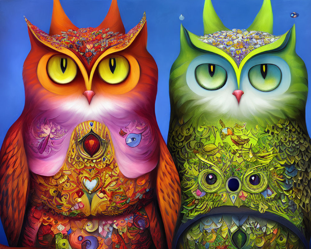 Colorful Illustrated Owls with Vibrant Patterns on Blue Background