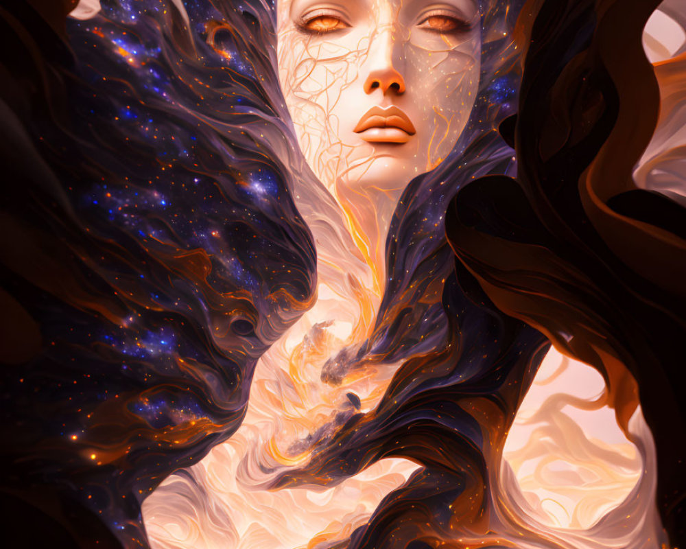 Surreal digital artwork of female face with cosmic textures