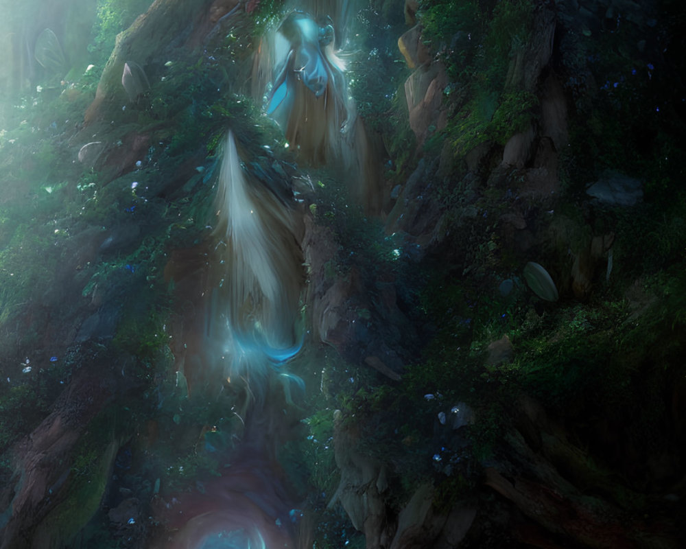 Ethereal forest scene with glowing waterfalls and mystical blue lights