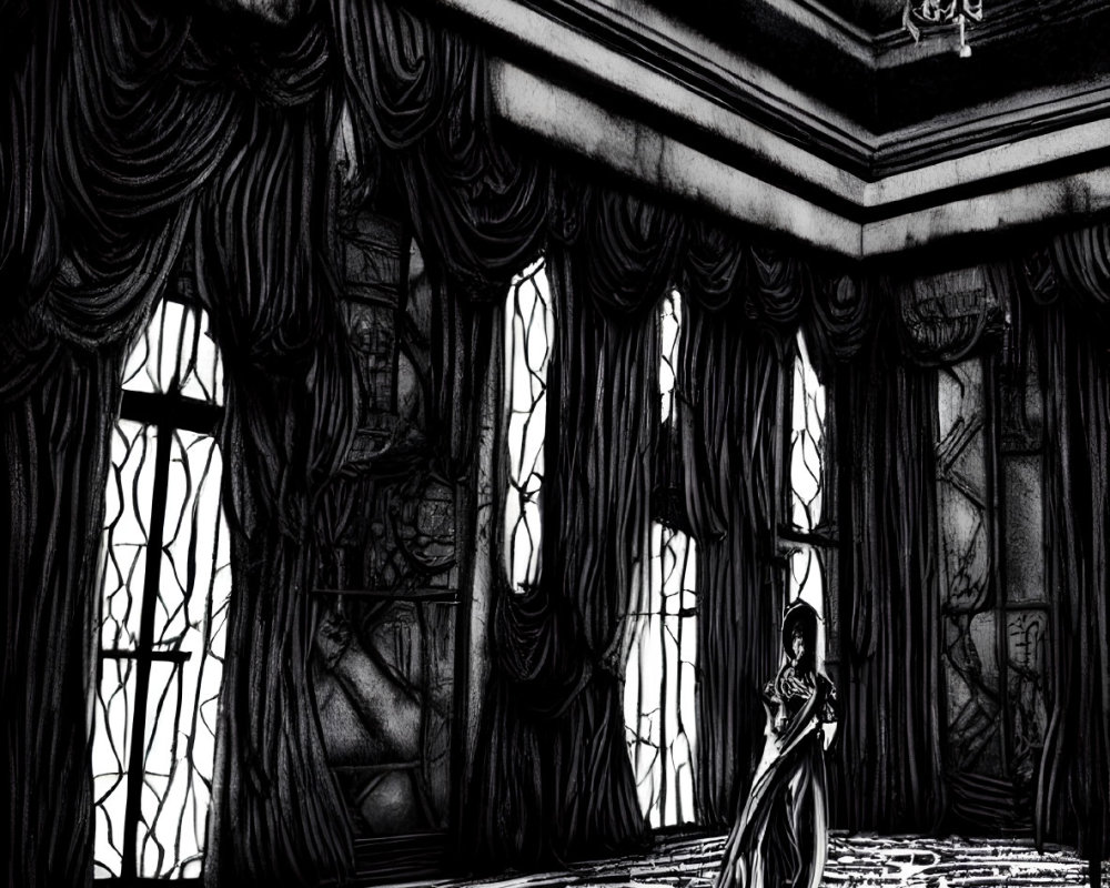 Monochrome drawing of woman in ornate room with chandelier