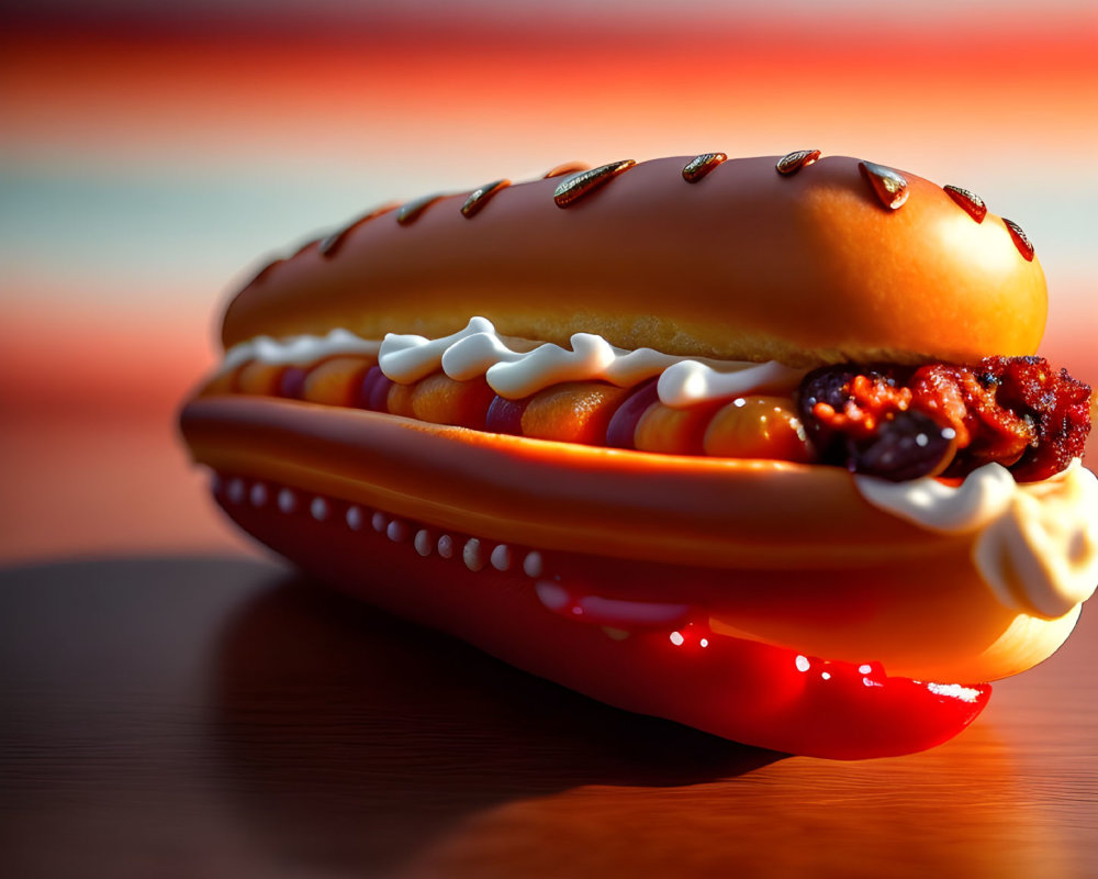 Stylized hot dog with glossy bun, condiments, and grill marks on orange background