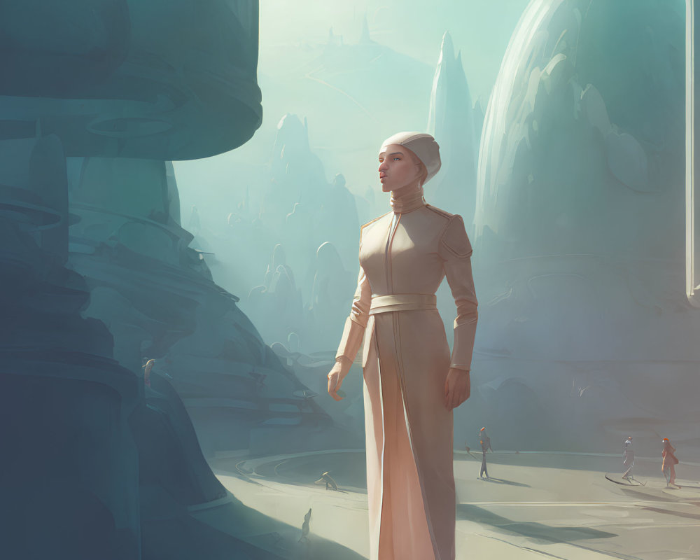 Futuristic woman in white outfit in vast architectural space