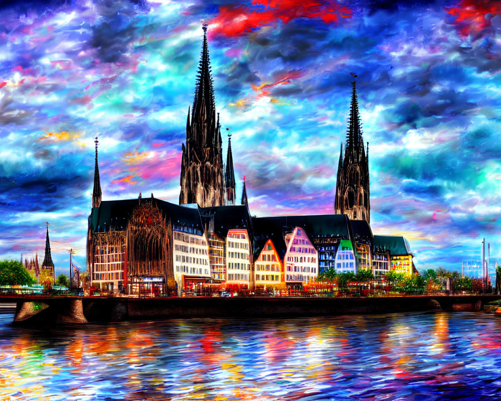 Colorful depiction of Cologne Cathedral and buildings by a river with dramatic sky and reflections