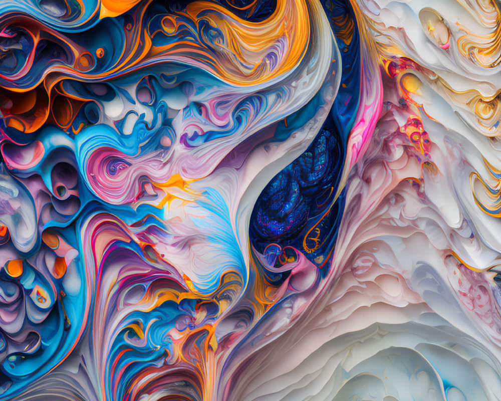 Colorful Abstract Swirl with Marble-like Texture in Blue, Orange, White, and Purple