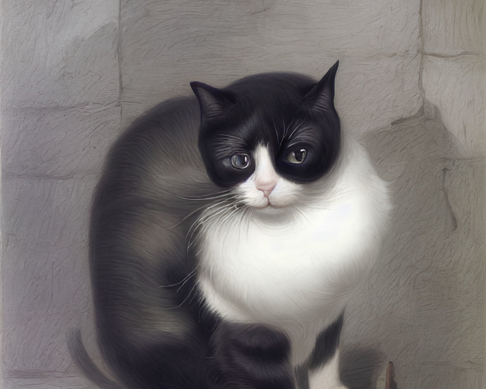 Black and white cat with striking eyes near stone wall and fallen branch