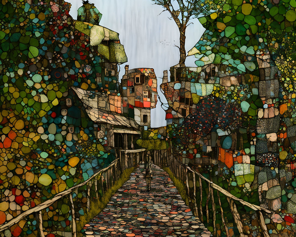 Colorful Mosaic-Style Illustration of Whimsical Pathway to Abstract Town